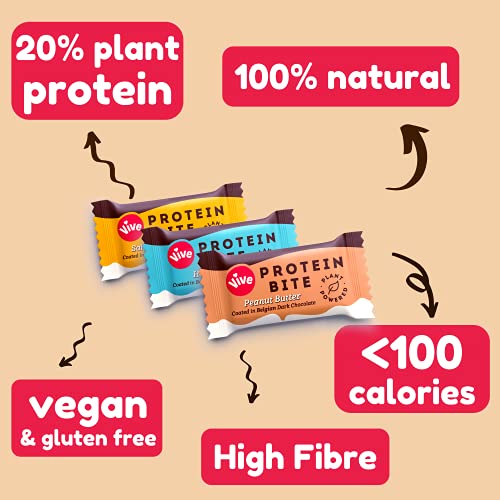 Vive Protein Bites, Gluten Free, High Fibre, Vegan Snacks, Mini Protein Bars, Dark Chocolate Coated Mixed Box, 6 x 20g
