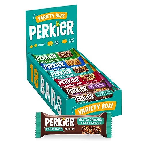 Perkier Variety Box Snack Bars (18 Pack) – Vegan – Gluten Free – Protein – High Fibre – Lower Sugar - Natural Ingredients – Lower Calorie – Healthy – No Palm Oil