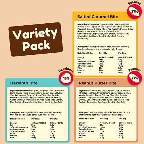 Vive Protein Bites, Gluten Free, High Fibre, Vegan Snacks, Mini Protein Bars, Dark Chocolate Coated Mixed Box, 6 x 20g