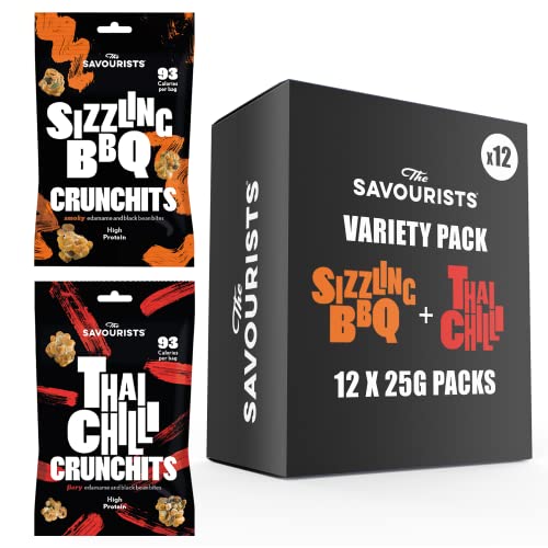 The Savourists Savoury Healthy Snacks | Low Calorie | High Protein | Vegetarian | High Fibre | Thai Chilli & BBQ Crunchits Variety Pack (12x25g)
