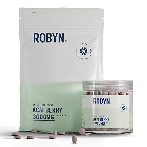 Robyn Nutrition Pure Acai Berry Tablets - 3000mg Strength Servings - Natural Freeze Dried Acai Berries for Diet & Health, High Vitamin Complex & Antioxidant Supply Vegetarian Supplement (60)