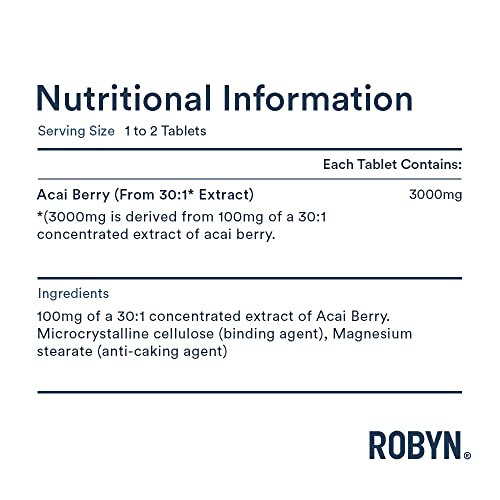 Robyn Nutrition Pure Acai Berry Tablets - 3000mg Strength Servings - Natural Freeze Dried Acai Berries for Diet & Health, High Vitamin Complex & Antioxidant Supply Vegetarian Supplement (60)