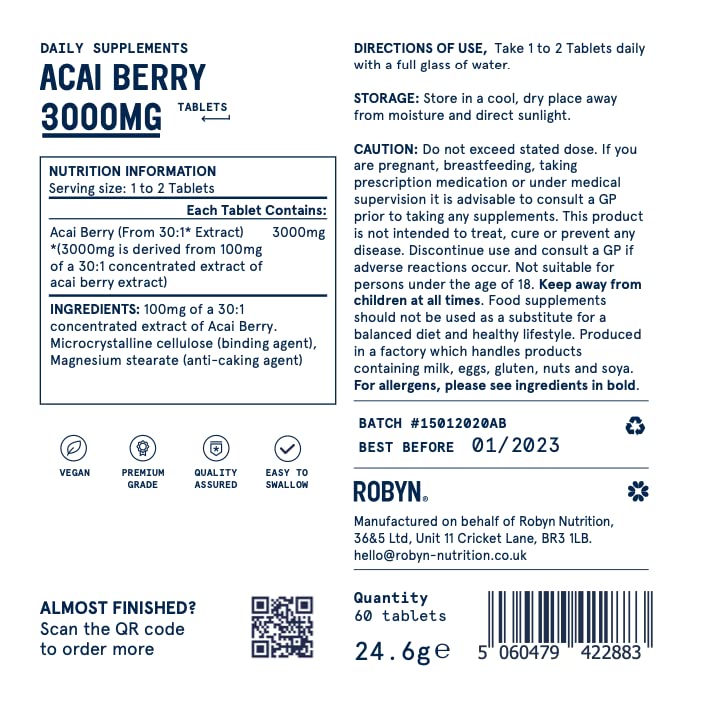 Robyn Nutrition Pure Acai Berry Tablets - 3000mg Strength Servings - Natural Freeze Dried Acai Berries for Diet & Health, High Vitamin Complex & Antioxidant Supply Vegetarian Supplement (60)