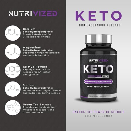 Nutrivized Keto Diet Pills - BHB - Premium Pure c8 MCT Oil - 1800mg - Exogenous Ketones - Weight Loss Formula for Men & Women - Contribute to Fatty Acid & Carb Metabolism - Made in The UK
