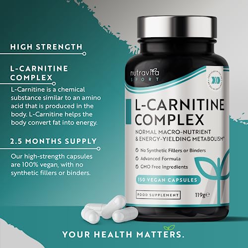 L-Carnitine Complex - High Strength Capsules with Added Riboflavin, Biotin, Chromium, Vitamin D, B3 & B6 - Macronutrient & Energy Yielding Metabolism - 150 Vegan Capsules - Made in the UK by Nutravita