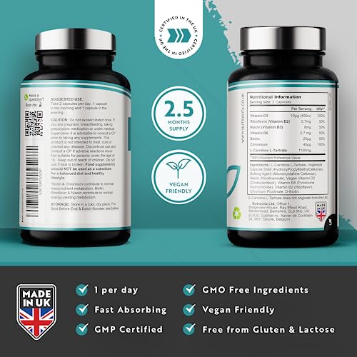 L-Carnitine Complex - High Strength Capsules with Added Riboflavin, Biotin, Chromium, Vitamin D, B3 & B6 - Macronutrient & Energy Yielding Metabolism - 150 Vegan Capsules - Made in the UK by Nutravita