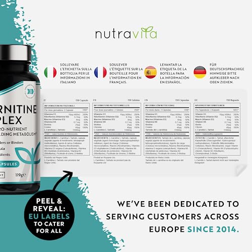 L-Carnitine Complex - High Strength Capsules with Added Riboflavin, Biotin, Chromium, Vitamin D, B3 & B6 - Macronutrient & Energy Yielding Metabolism - 150 Vegan Capsules - Made in the UK by Nutravita