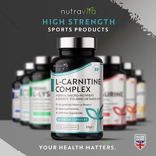 L-Carnitine Complex - High Strength Capsules with Added Riboflavin, Biotin, Chromium, Vitamin D, B3 & B6 - Macronutrient & Energy Yielding Metabolism - 150 Vegan Capsules - Made in the UK by Nutravita