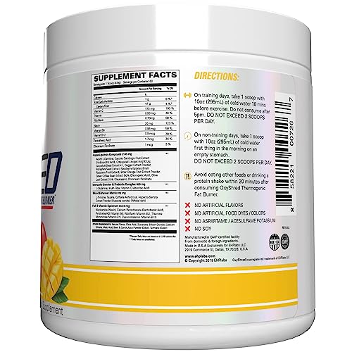 EHPlabs OxyShred Thermogenic Pre Workout Powder & Shredding Supplement - Clinically Proven Pre Workout Powder with L Glutamine & Acetyl L Carnitine, Energy Boost Drink - Mango, 60 Servings