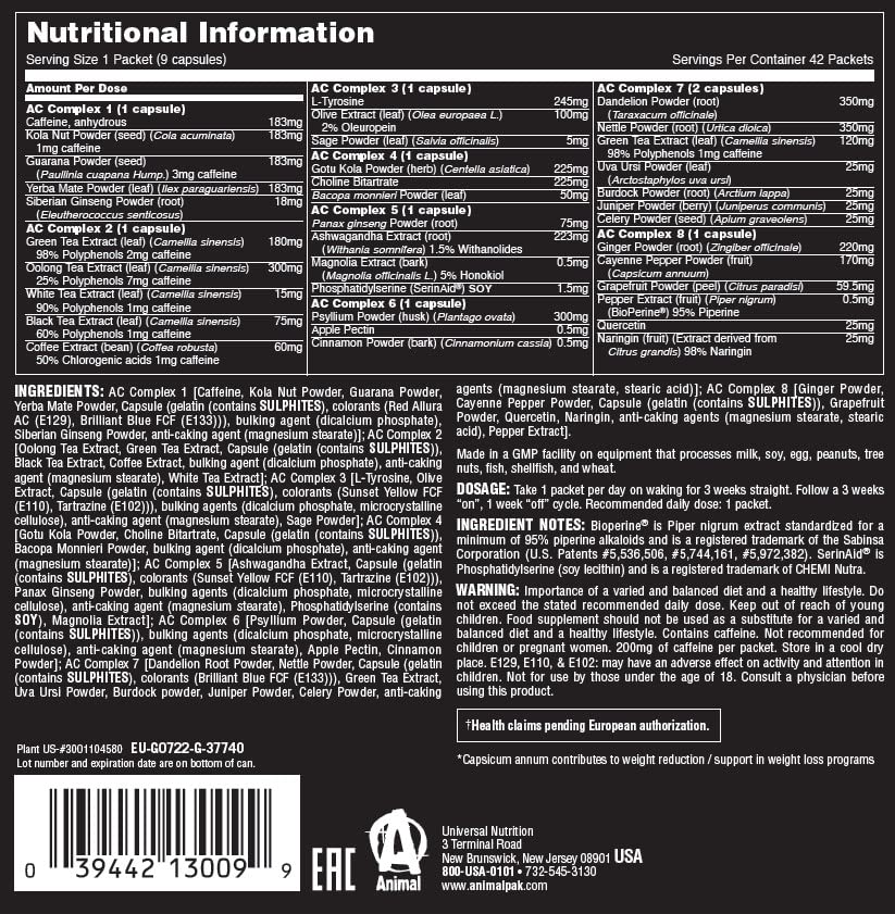 Animal Cuts - Diet & Definition Supplement for Athletes, Weight Loss Management for Men & Women - with Green Tea Extract, Caffeine & More, 42 Packs