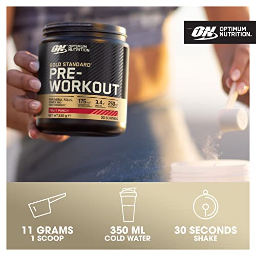Optimum Nutrition Gold Standard Pre Workout Powder, Energy Drink with Creatine Monohydrate, Beta Alanine, Caffeine and Vitamin B Complex, Nutrition Supplement, Fruit Punch Flavour, 30 Servings, 330 g