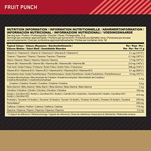 Optimum Nutrition Gold Standard Pre Workout Powder, Energy Drink with Creatine Monohydrate, Beta Alanine, Caffeine and Vitamin B Complex, Nutrition Supplement, Fruit Punch Flavour, 30 Servings, 330 g