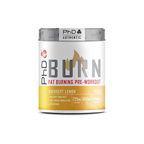PhD Burn-Pre-Workout, Powder with weightloss aids, Caffeine & L-Carnitine, Sherbert Lemon Flavour, 20 Servings (200g)
