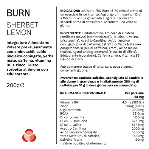 PhD Burn-Pre-Workout, Powder with weightloss aids, Caffeine & L-Carnitine, Sherbert Lemon Flavour, 20 Servings (200g)