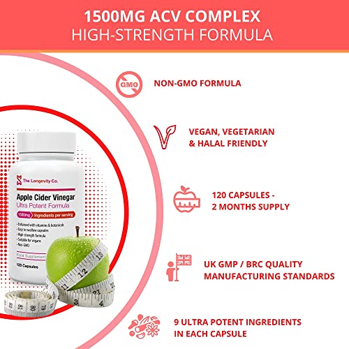 Apple Cider Vinegar Capsules - Can be Used Alongside Weight Loss, Fat Burner, Slimming or Detox Programs - 1500mg Ingredients Per Serving - Keto Diet Friendly - 120 High Strength ACV Tablets