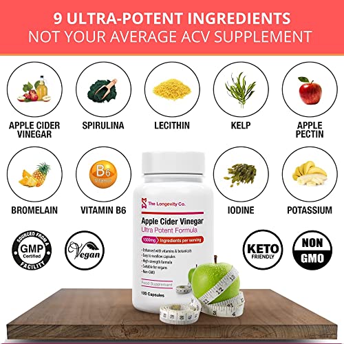 Apple Cider Vinegar Capsules - Can be Used Alongside Weight Loss, Fat Burner, Slimming or Detox Programs - 1500mg Ingredients Per Serving - Keto Diet Friendly - 120 High Strength ACV Tablets