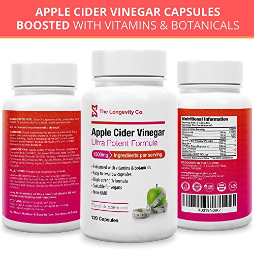 Apple Cider Vinegar Capsules - Can be Used Alongside Weight Loss, Fat Burner, Slimming or Detox Programs - 1500mg Ingredients Per Serving - Keto Diet Friendly - 120 High Strength ACV Tablets