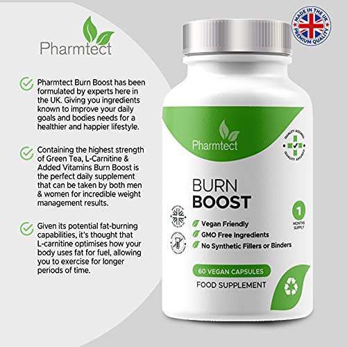 Pharmtect Burn Boost Supplement - Energy Support Formulated by Expert Nutritionist - High Strength Green Tea, L-Carnitine - 60 Vegetarian Capsules - Natural Fat Burner for Better Weight Management