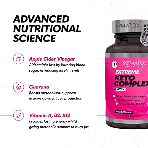 Extreme Keto Complex Max – K-Vitex™ Advanced Ketogenic Formula for Weight Loss - Fat Burner Diet Pills | Apple Cider Vinegar, MCT, Vitamins B12, B2, C, E & D3 – 30 Day Supply/Vegan Capsules