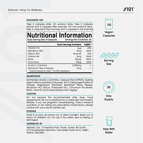 L-Carnitine 2000mg with BioPerine® - Energy & Metabolism Support - High Strength Acetyl L-Carnitine Complex - Non GMO, Gluten Free, Halal – 120 Vegan Capsules- 120 Vegan Capsules.