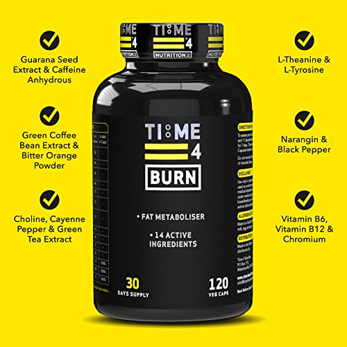 Time 4 Burn High Strength Thermogenic Fat Burners Weight Loss Diet Pills for Men & Women Vegan Friendly, Gluten Free Nutritional Supplements for Weight Management 120 x Capsules – 30 Days Supply