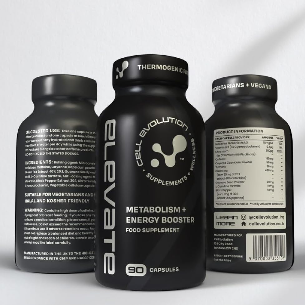 Cell Evolution | Elevate | Thermogenic Fat Burners for Men & Women | Turmeric, Green Tea Extract, Cayenne Pepper Capsules | Diet Metabolism Booster for Slimming | Weight Loss Supplement - 90 Capsules
