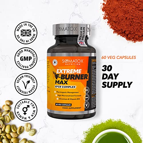 Extreme Fat Burner Max – G²CB™ Advanced T5 Thermo Supplement Diet Pills for Weight Loss & Metabolism | B12, L-Carnitine, Green Tea & Guarana - 30 Day Supply/Vegan Capsules - Made UK