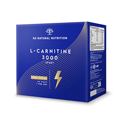 Pure L CARNITINE 3000 mg Liquid Shots | High Strength, Weight Loss, Fat Burner, High Concentration | Tangerine Flavor | Energy Booster | 20 Easy Opening Vials. UK Vegan. N2 Natural Nutrition