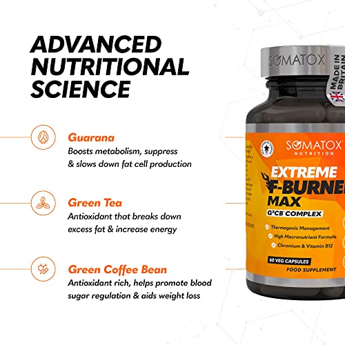 Extreme Fat Burner Max – G²CB™ Advanced T5 Thermo Supplement Diet Pills for Weight Loss & Metabolism | B12, L-Carnitine, Green Tea & Guarana - 30 Day Supply/Vegan Capsules - Made UK