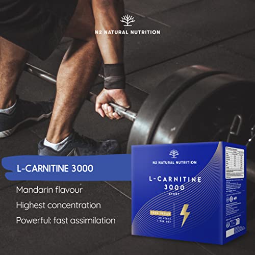 Pure L CARNITINE 3000 mg Liquid Shots | High Strength, Weight Loss, Fat Burner, High Concentration | Tangerine Flavor | Energy Booster | 20 Easy Opening Vials. UK Vegan. N2 Natural Nutrition