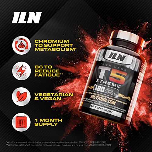 Iron Labs T5 Xtreme for Men and Women – Keto Diet Friendly – Plus Green Tea Extract, L Carnitine and Caffeine – High in Chromium for Macronutrient Metabolism – 180 Vegetarian Capsules