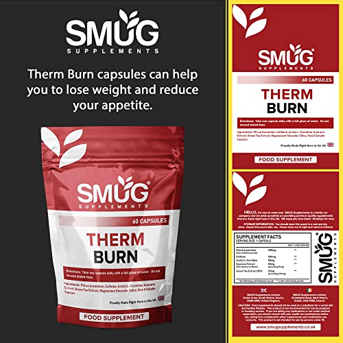 SMUG Supplements Therm Burn Capsules - High Strength Fat Burner and Weight Loss Pills - Includes Caffeine, Green Tea, L-Carnitine and Guarana Extract - Made in Britain