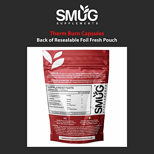 SMUG Supplements Therm Burn Capsules - High Strength Fat Burner and Weight Loss Pills - Includes Caffeine, Green Tea, L-Carnitine and Guarana Extract - Made in Britain