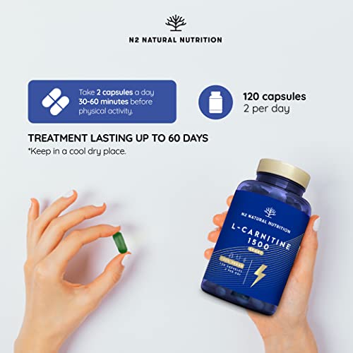 Natural L CARNITINE 1500mg. Fat Burner Pills Supplement. Improves Sports Performance, Weight Loss & Provides Energy Resistance. 120 Vegetable Capsules. UK Vegan Certified. N2 Natural Nutrition.