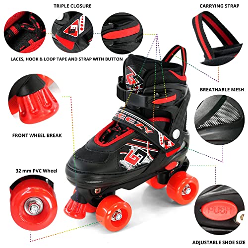 Adjustable Quad Roller Skates Boots for Kids (Red)