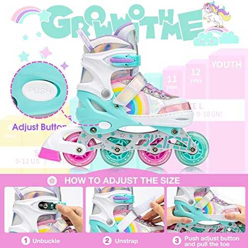 Rainbow Unicorn LED Inline Skates for Kids Beginners