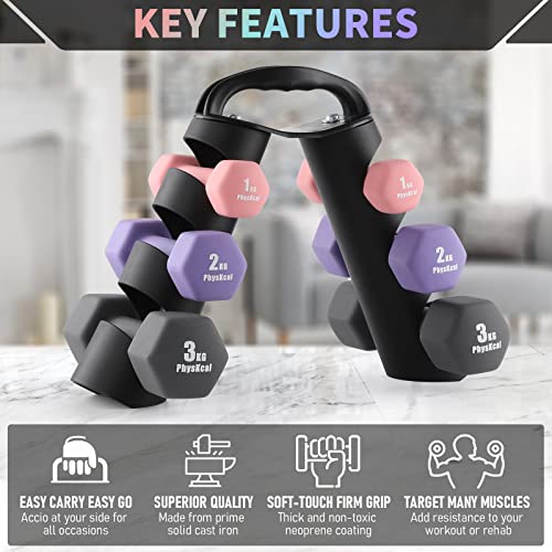 PhysKcal Hex Dumbbells Set - 6-Piece with Stand