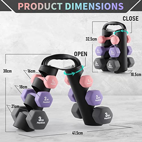 PhysKcal Hex Dumbbells Set - 6-Piece with Stand