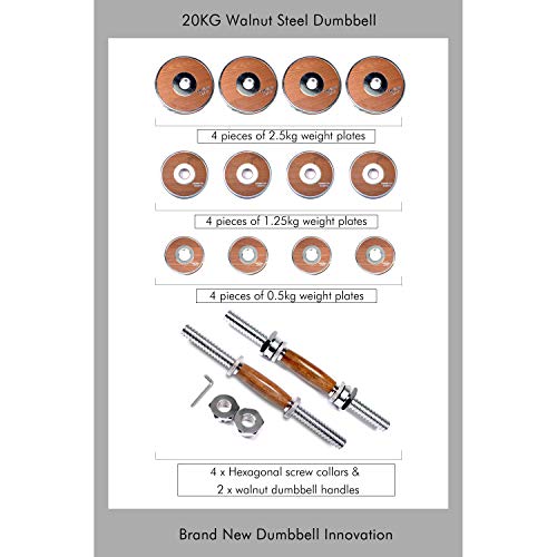 20kg Adjustable Dumbbell Set - Steel with Walnut Handle