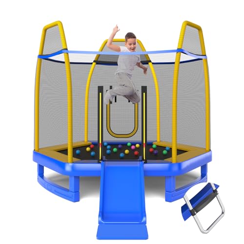Costway 7ft Hexagonal Trampoline with Slide and Safety Enclosure