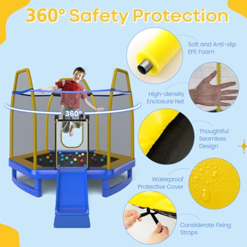 7FT Kids Trampoline with Slide and Safety Enclosure