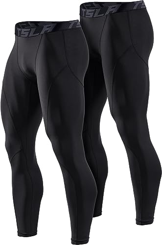 TSLA Men's Thermal Compression Pants, Base Layer - 2 Pack, Black Medium