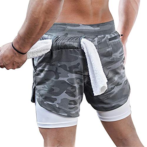 Mens 2-in-1 Running Shorts, Gym Yoga Sports - Camo Grey