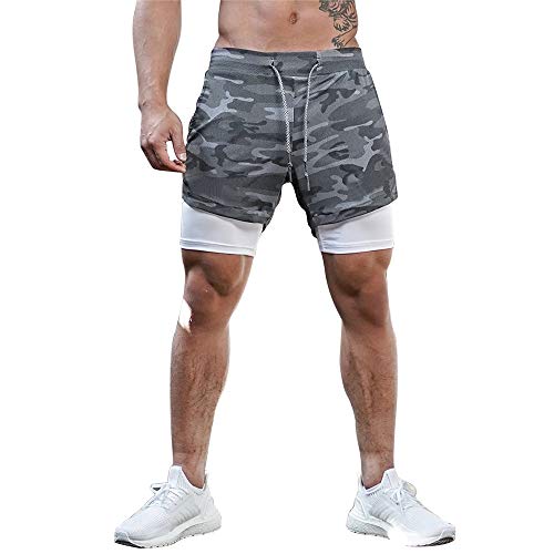 Mens 2-in-1 Running Shorts, Gym Yoga Sports - Camo Grey