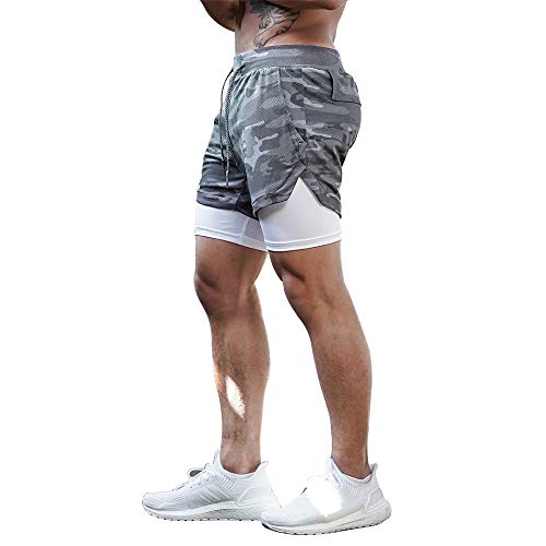 Mens 2-in-1 Running Shorts, Gym Yoga Sports - Camo Grey