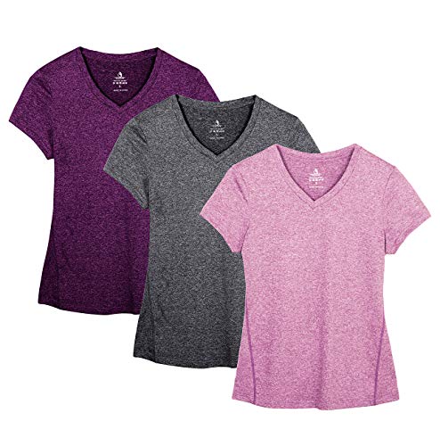 3 Pack Women's V-Neck Fitness T-Shirt Set - Charcoal/Red Bud/Pink