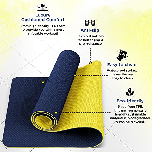 Premium TPE Yoga Mat - Non Slip - Blue/Gold
