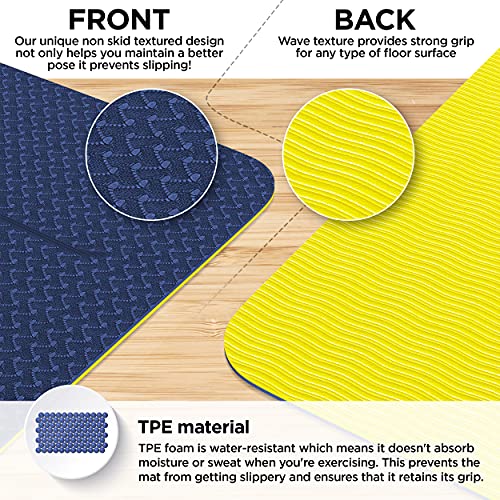 Premium TPE Yoga Mat - Non Slip - Blue/Gold