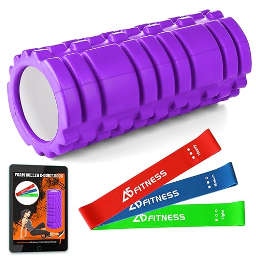 Purple Foam Roller with 3 Resistance Bands - Lightweight Muscle Relief Tool for Fitness