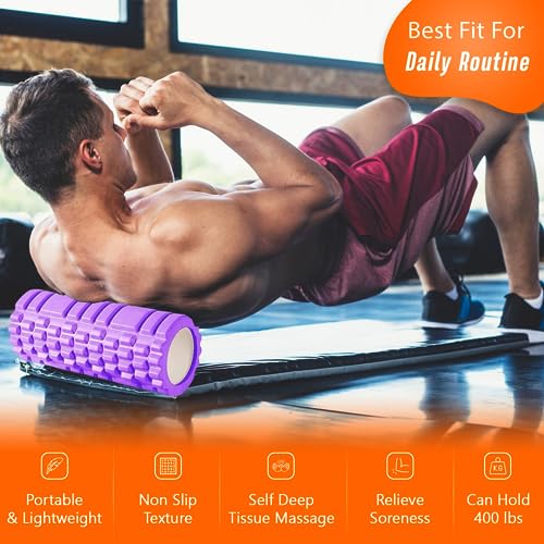 Purple Foam Roller with 3 Resistance Bands - Lightweight Muscle Relief Tool for Fitness